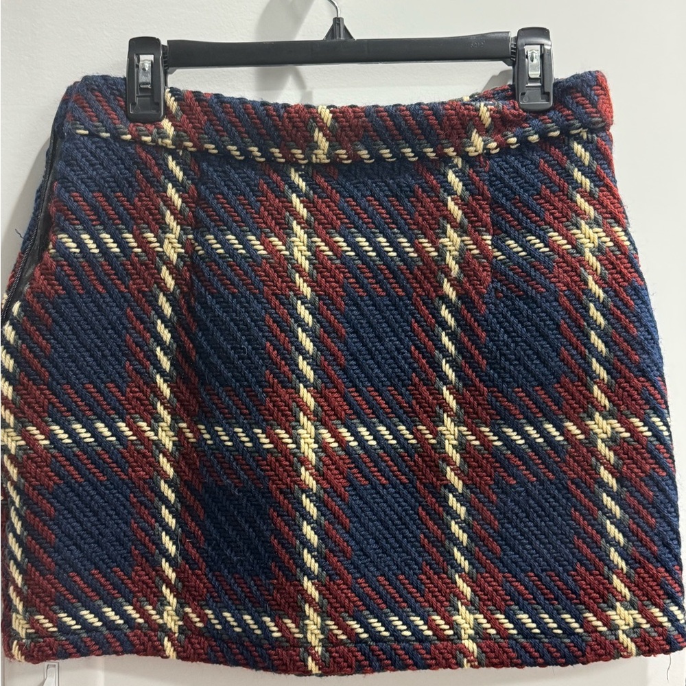 Plaid Knit Mini Skirt in Navy, Burgundy and Cream